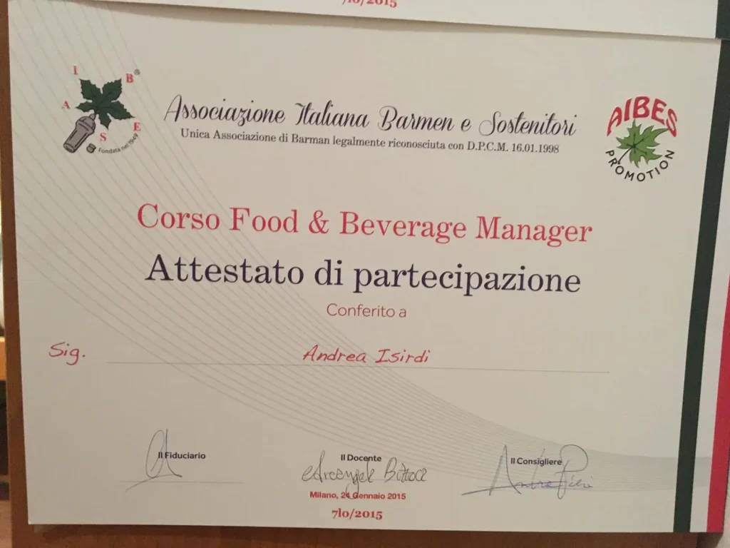 Attestato del corso Food and Beverage Manager di Andrea Isirdi.
