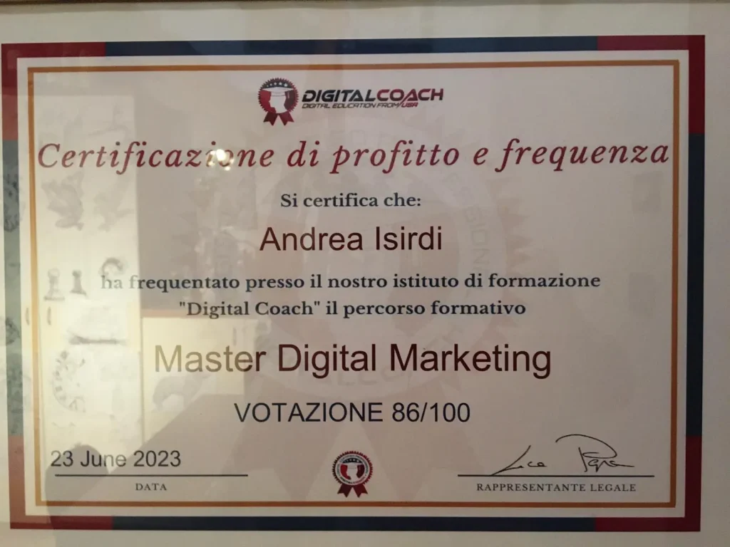 Attestato Master Digital Marketing di Andrea Isirdi.