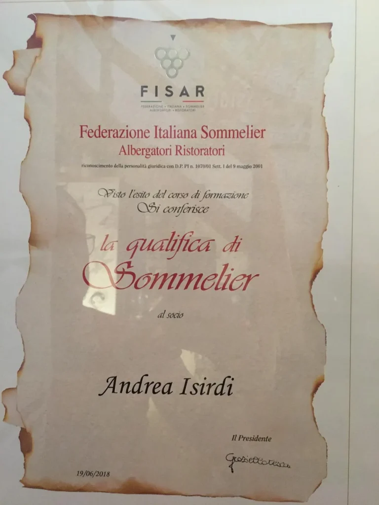 Attestato della qualifica di sommelier FISAR di Andrea Isirdi.