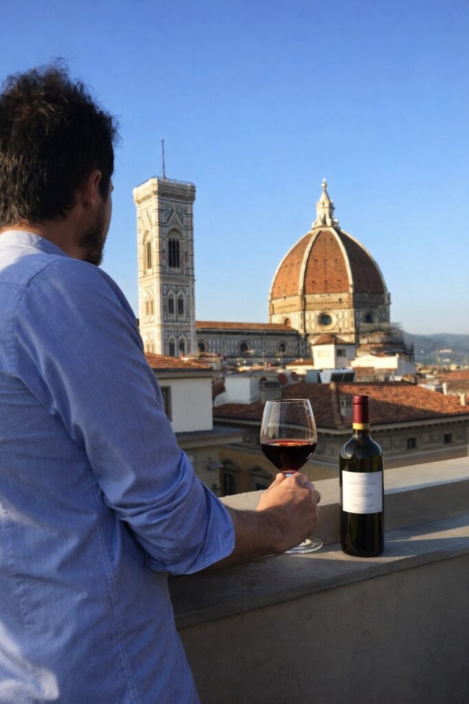 Andrea Isirdi con un calice di vino davanti al Duomo di Firenze.