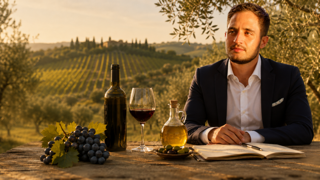 Andrea Isirdi tra vigneto e oliveto con vino e olio, immagine rappresentativa di EnOlioWine.