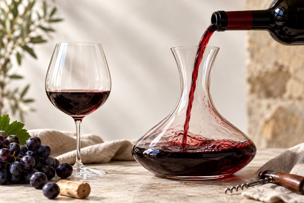 Decantazione del vino rosso versato dalla bottiglia nel decanter