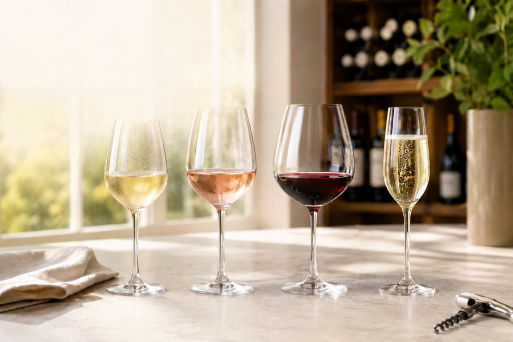 Temperatura di servizio del vino con calici di bianco, rosato, rosso e spumante