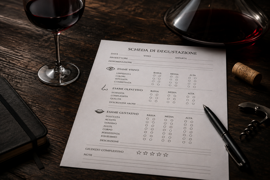Scheda di degustazione del vino con calice, penna e parametri di analisi sensoriale